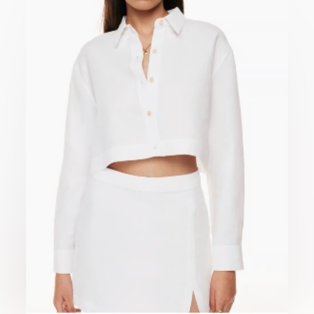 Aritzia Wilfred Proposal Cropped Linen Button Down Long Sleeve Top White Small